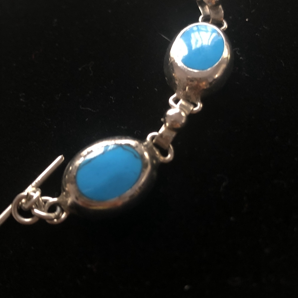 Vintage Mexico 925 Sterling Turquoise Cabochon 7" Bracelet . Only Turquoise One - Picture 8 of 10